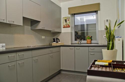 a kitchen with white cabinets and a sink and a window at Hotel Apartments Belgium 1 - HAB 1 in Geel