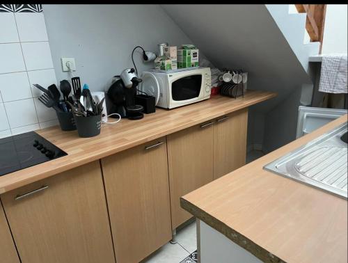 un micro-ondes posé sur un comptoir dans une cuisine dans l'établissement Bel Appartement, à Saint-Thibéry