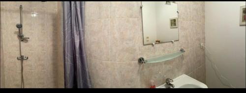 une salle de bain avec une douche, un lavabo et un miroir dans l'établissement Bel Appartement, à Saint-Thibéry