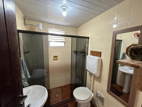 e bagno con servizi igienici, lavandino e doccia. di Casa Chalé Chácara Caminho do Vale a Nova Friburgo