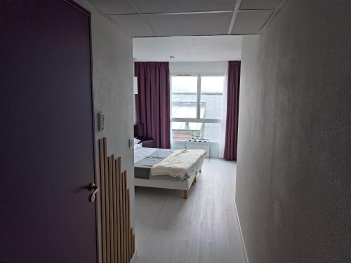 une chambre avec un lit et une fenêtre dans une pièce dans l'établissement Studio proche gare avec parking, à Lourdes