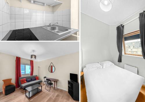Cette chambre comprend un lit, un évier et une cuisine. dans l'établissement Charme Citadin Angevin - hyper centre Angers, à Angers