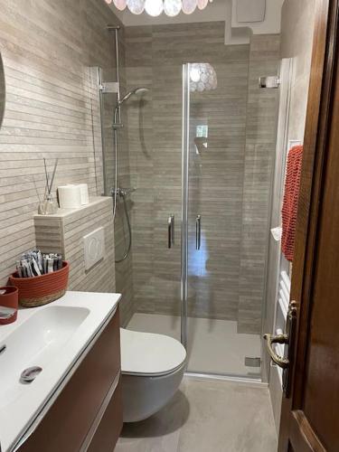 une salle de bain avec une douche, des toilettes et un lavabo dans l'établissement Grande villa avec magnifique piscine et vue à couper le souffle à 20 minutes de Hyères !, à Belgentier