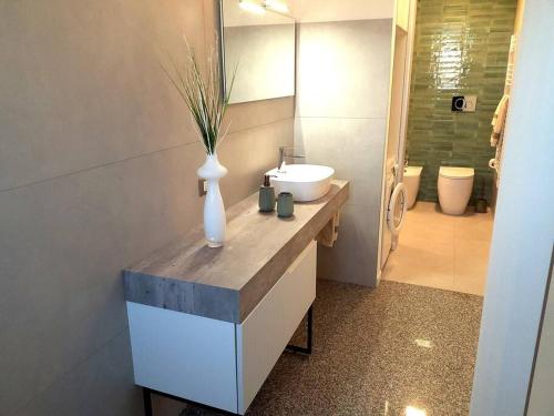 a bathroom with a sink and a vase on a counter at Appartamento bilocale tra Venezia e Treviso! in Quarto dʼAltino