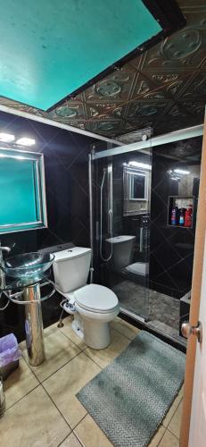 a bathroom with a toilet and a shower and a sink at Waterfront North Beach Condo with beach and pool access in Corpus Christi