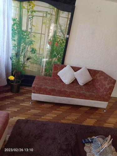 Agradable minidepartamento central en Ambato, para una a seis personas في أمباتو: أريكة مع وسادتين في غرفة المعيشة