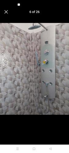 een badkamer met een douche en een wand vol handdoeken bij Yang guest house/private room in Dauis