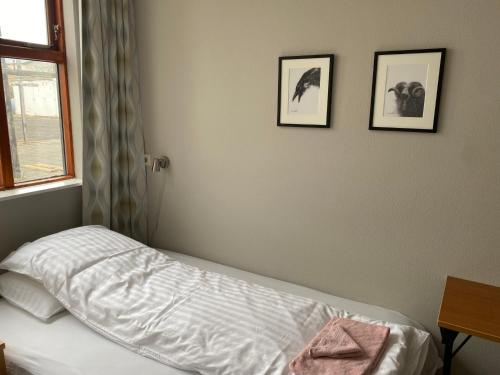 a bedroom with a bed and two pictures on the wall at Bakkaflöt Guesthouse in Varmahlid