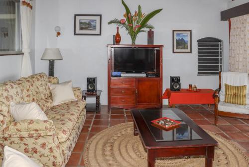 ein Wohnzimmer mit einem Sofa und einem TV in der Unterkunft Calypso Court - Private 1 bedroom villa with pool villa in Cap Estate
