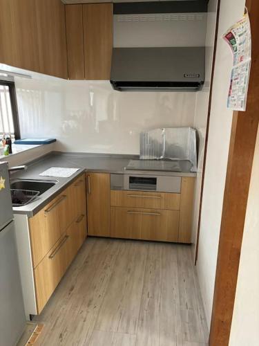 a small kitchen with a sink and a stove at 高知県　みどりの家 in Gomen