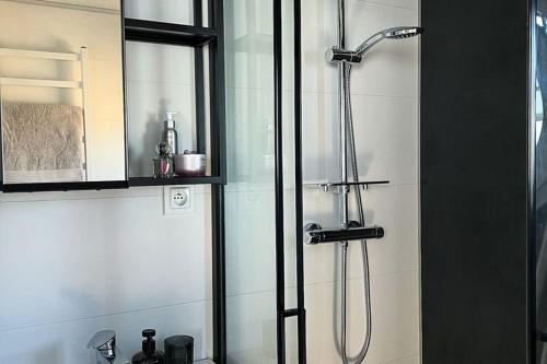 W łazience znajduje się prysznic ze szklanymi drzwiami. w obiekcie A comfortable house on the water for 5 people w Łazach