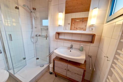 uma casa de banho com um lavatório e um chuveiro em Zeltdachhaus mit WLAN und grosser Terrasse em Damp