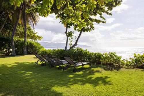 una fila de bancos sentados en la hierba cerca del océano en Maluhia ~ Peace & Tranquility en Haleiwa