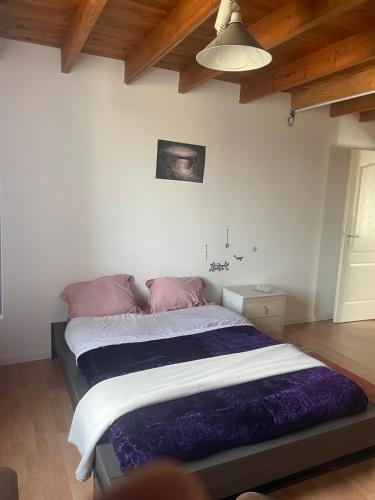 een slaapkamer met een bed met paarse lakens en een plafond bij chambre violette coté aéroport calme charmante in Pusignan