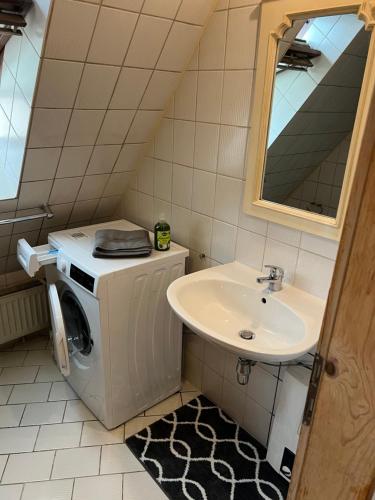 y baño con lavadora y lavamanos. en Wunderschöne Maisonette Wohnung in Wendelstein - Messenähe - Nürnberg, en Wendelstein