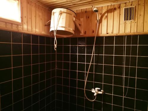 a black tiled bathroom with a shower and a fan at Kanarbiku camping in Türi