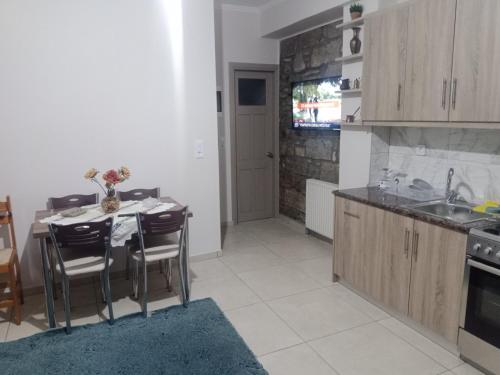 a kitchen with a table with chairs and a sink at FILISIA in Skoutaros
