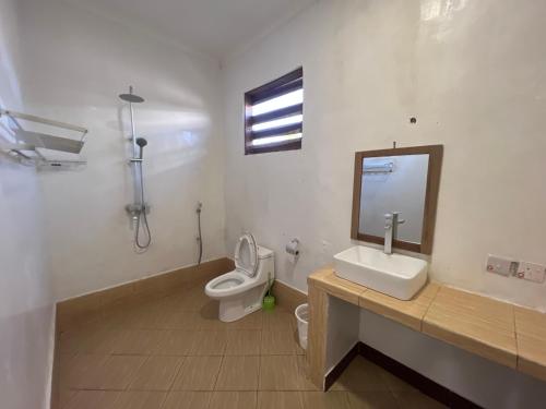 een badkamer met een toilet, een wastafel en een spiegel bij New Dindini Lodge in Kilindoni