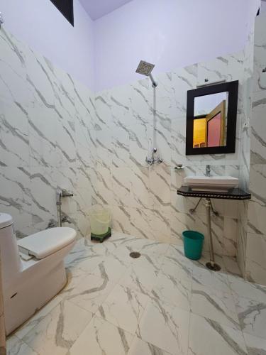 a bathroom with a toilet and a tv on a wall at Hotel Royal Haveli in Jaisalmer