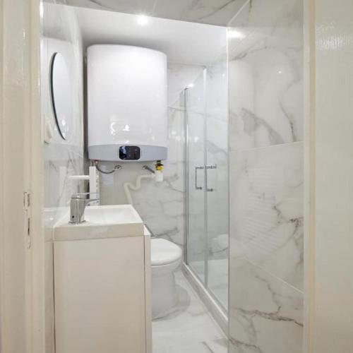 une salle de bain blanche avec toilettes et douche dans l'établissement Calm & Cosy flat in Levallois, à Levallois-Perret
