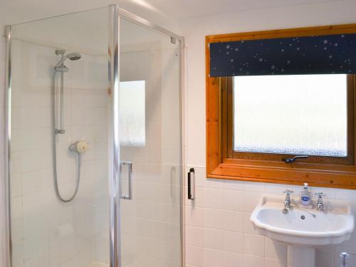 a bathroom with a shower and a sink at Red Kite Lodge in Legbourne