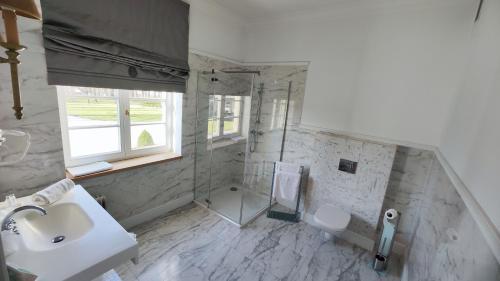登比察的住宿－沃利希多爾酒店，带淋浴和盥洗盆的白色浴室