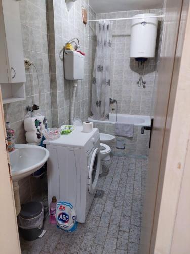 a bathroom with a washing machine and two toilets at Apartment Vuk in Podgorica