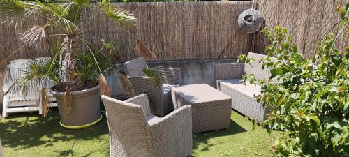 un groupe de chaises et de plantes dans un jardin dans l'établissement Vacances à la mer., à Six-Fours-les-Plages
