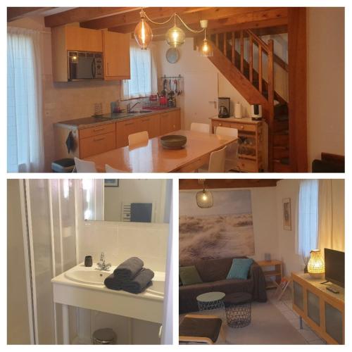 - deux photos d'une cuisine et d'un salon dans l'établissement Ocelandes, à Saint-Julien-en-Born