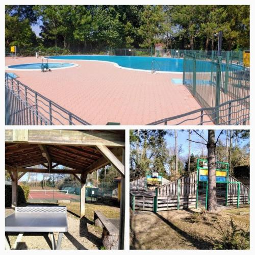 un collage de trois photos d'une piscine dans l'établissement Ocelandes, à Saint-Julien-en-Born