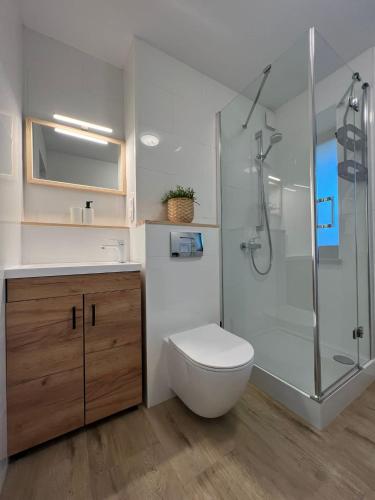 a bathroom with a toilet and a glass shower at Apartament Jeziorna in Ocypel