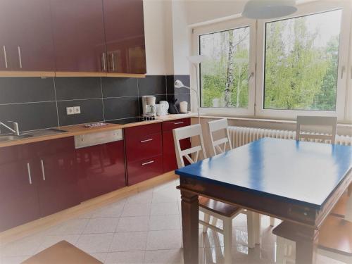 a kitchen with a dining room table and a table at Mehrbett-Apartment 4 Citynah, einfache Ausstattung in Hamburg