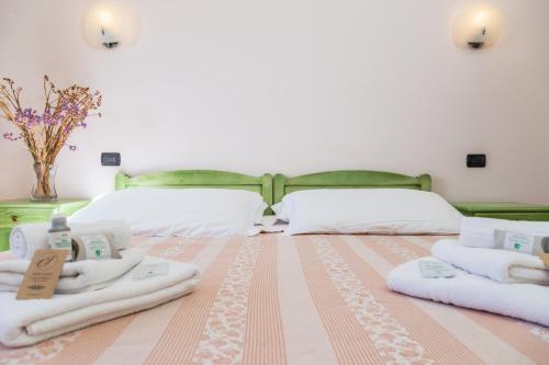 a bedroom with two beds with towels on the floor at Hotel Janas in Tertenìa