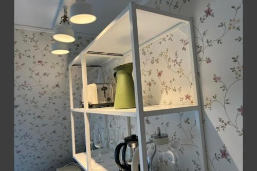a white cabinet with a green pitcher in a kitchen at Studio-Apartment 29 beim Saseler Markt frisch renoviert in Hamburg