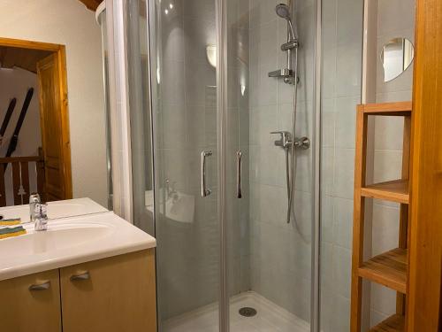 W łazience znajduje się prysznic i umywalka. w obiekcie Eden sur les pistes avec vue panoramique sur la vallée w mieście La Joue du Loup