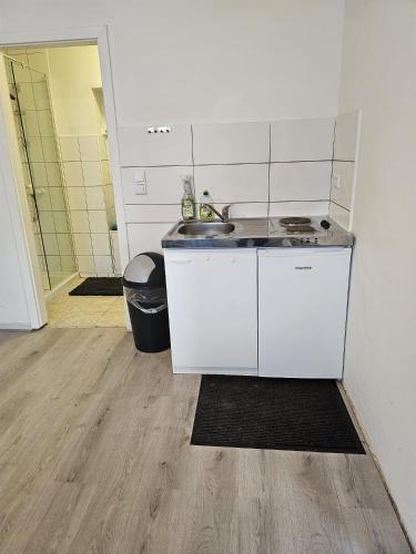 a white bathroom with a sink and a mirror at Ap 3- 51qm bei Oschersleben und Helmstedt in Ausleben