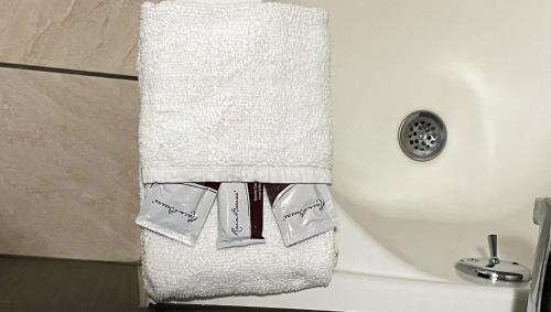 a white towel hanging on a wall in a bathroom at Royal Inn Linden in Linden