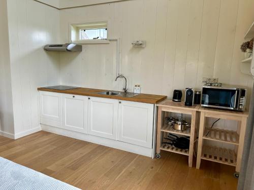 uma cozinha com um lavatório e um micro-ondas em Villa Nieuwland holiday home em Den Oever