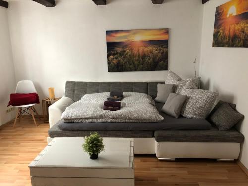 uma sala de estar com um sofá e uma pintura na parede em Ferienwohnung-Goldener Winkel em Holzminden