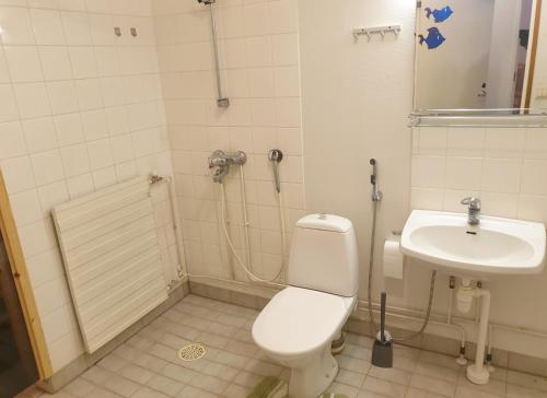 a bathroom with a toilet and a sink at Saunallinen rivitalohuoneisto B5 59m2 in Säviä