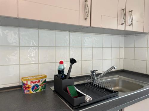 a kitchen sink with a dish drying rack next to it at Worker Apartments near Ulm bis zu 11 Betten in Dornstadt