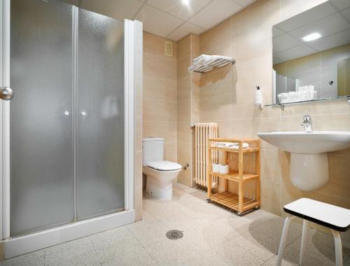 a bathroom with a shower and a toilet and a sink at Hotel Mi Casa in Sabiñánigo