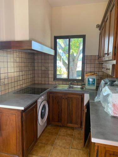 a kitchen with a sink and a washing machine at Hostellerie la Fuste N 17 in Valensole