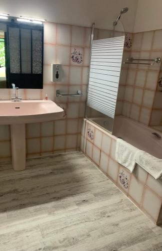 een badkamer met een wastafel, een bad en een spiegel bij Hostellerie la Fuste N 17 in Valensole