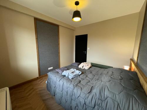 - une chambre avec un grand lit et des vêtements dans l'établissement Appartement avec terrasse et SPA, à Montaigut-le-Blanc