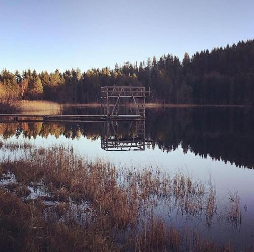ein großer Wasserkörper mit einem Dock in der Mitte in der Unterkunft Hus i landlige omgivelser nær Granåsen skianlegg in Trondheim