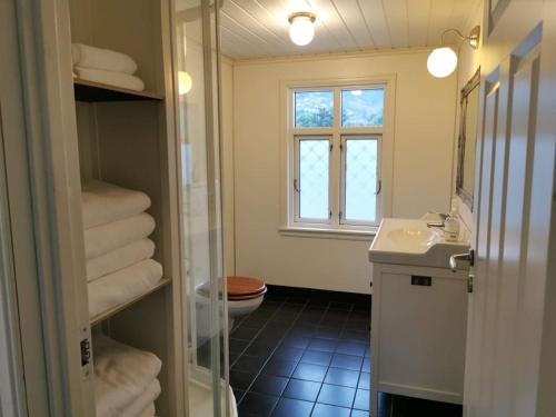 bagno con lavandino, servizi igienici e finestra di Sjarmerande hus i Eidsgata a Nordfjordeid