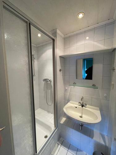 uma casa de banho branca com um lavatório e um chuveiro em Gästewohnung in Forst (Lausitz) 