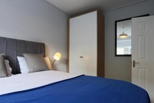 1 dormitorio con 1 cama con manta azul y espejo en 2 Bed City Centre Apartment en Dublín