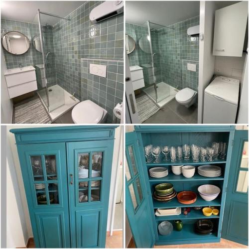 une salle de bain avec une armoire bleue et des toilettes dans l'établissement Maison la Franqui, à Leucate